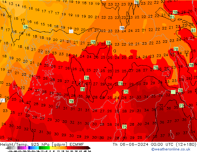 Height/Temp. 925 hPa ECMWF Čt 06.06.2024 00 UTC