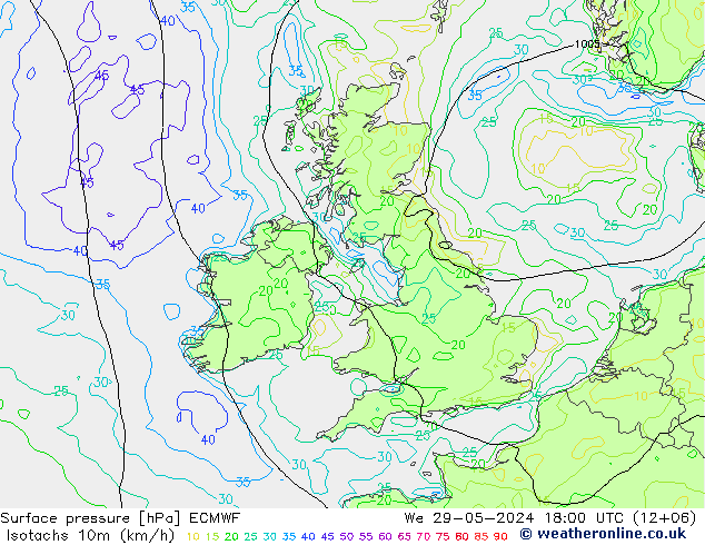 Isotachs (kph) ECMWF mer 29.05.2024 18 UTC