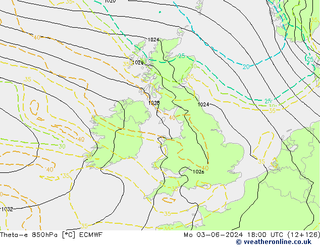 Theta-e 850hPa ECMWF Mo 03.06.2024 18 UTC