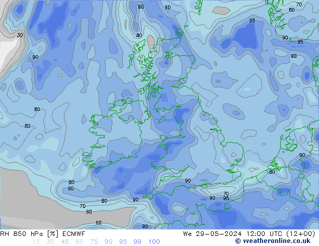 RH 850 hPa ECMWF mer 29.05.2024 12 UTC