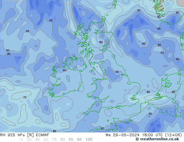 Humidité rel. 925 hPa ECMWF mer 29.05.2024 18 UTC