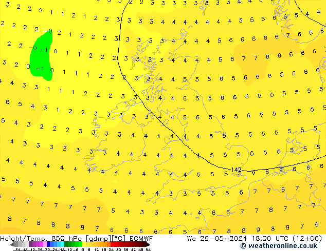 Geop./Temp. 850 hPa ECMWF mié 29.05.2024 18 UTC