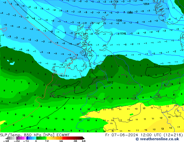 SLP/Temp. 850 hPa ECMWF Sex 07.06.2024 12 UTC