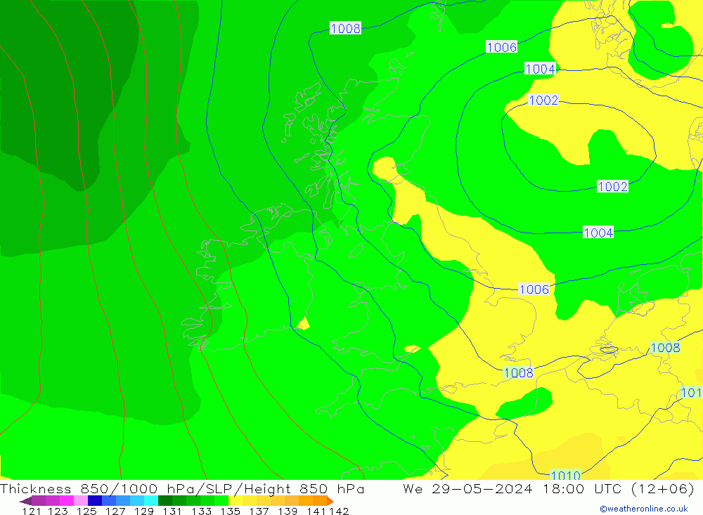 Dikte 850-1000 hPa ECMWF wo 29.05.2024 18 UTC