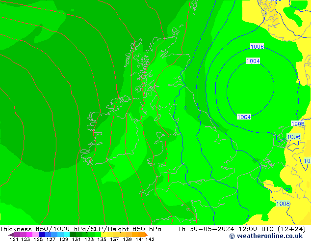 Thck 850-1000 hPa ECMWF Qui 30.05.2024 12 UTC