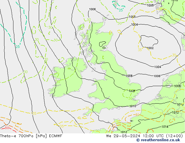 Theta-e 700hPa ECMWF We 29.05.2024 12 UTC