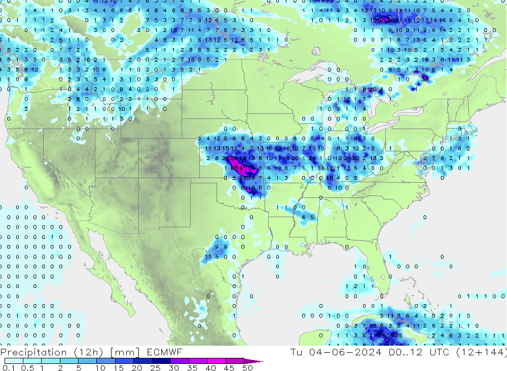 Precipitation (12h) ECMWF Út 04.06.2024 12 UTC