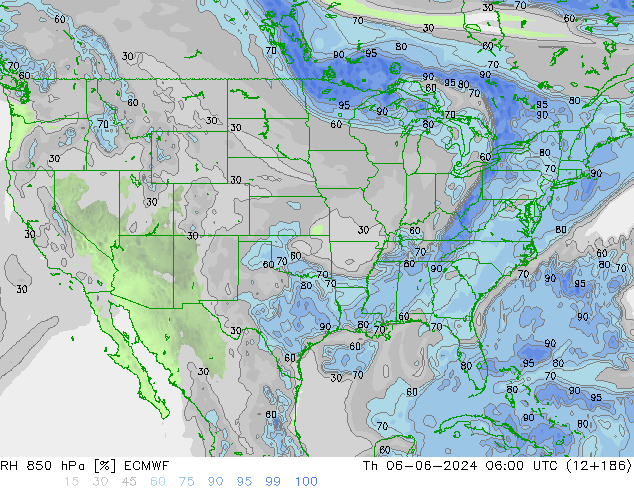 Humedad rel. 850hPa ECMWF jue 06.06.2024 06 UTC