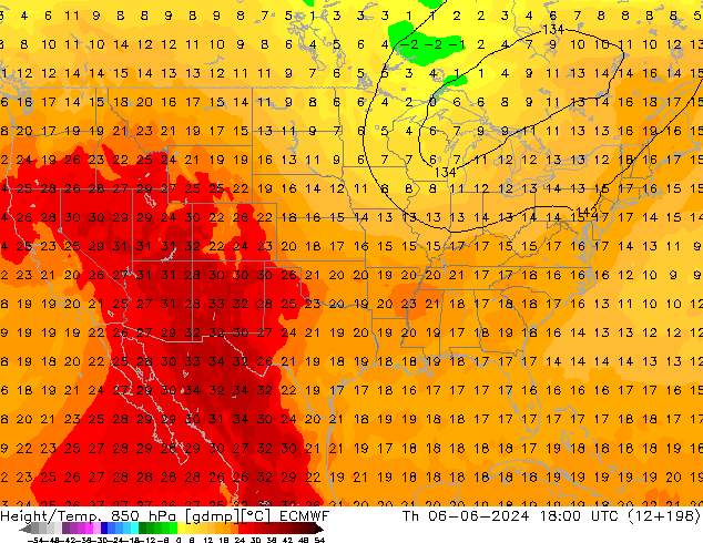 Geop./Temp. 850 hPa ECMWF jue 06.06.2024 18 UTC