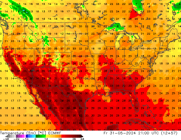 mapa temperatury (2m) ECMWF pt. 31.05.2024 21 UTC