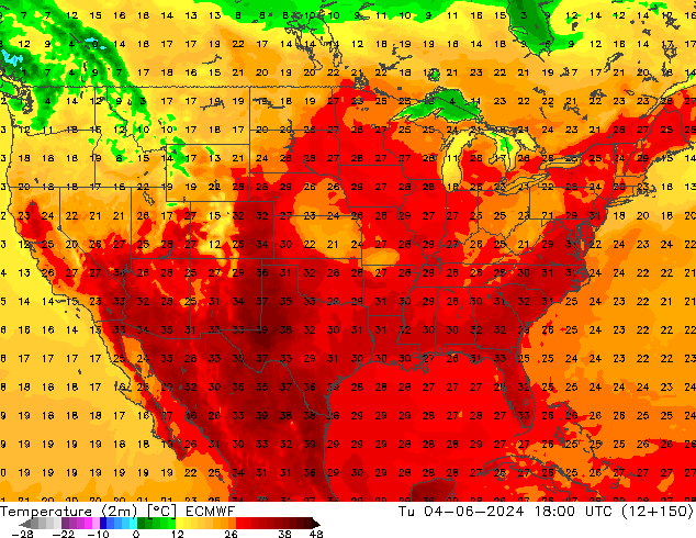 Temperature (2m) ECMWF Tu 04.06.2024 18 UTC