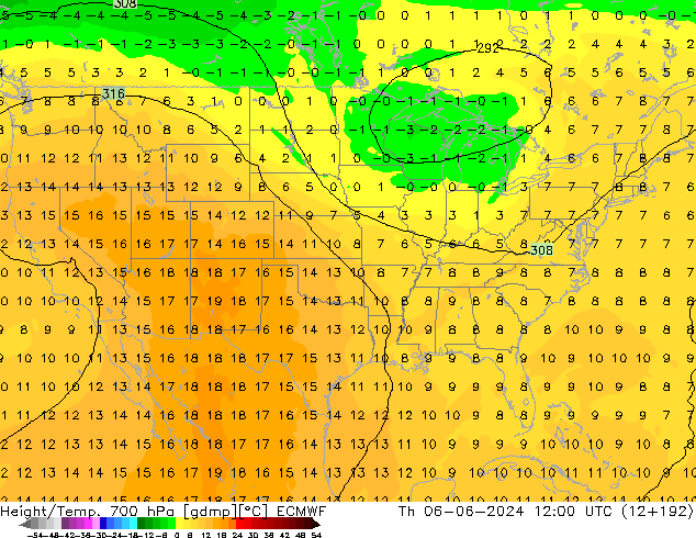 Geop./Temp. 700 hPa ECMWF jue 06.06.2024 12 UTC