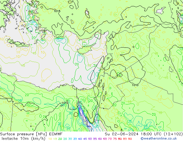 Eşrüzgar Hızları (km/sa) ECMWF Paz 02.06.2024 18 UTC