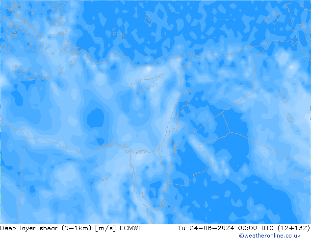 Deep layer shear (0-1km) ECMWF Tu 04.06.2024 00 UTC