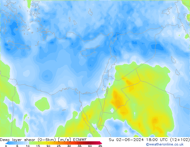 Deep layer shear (0-6km) ECMWF Paz 02.06.2024 18 UTC