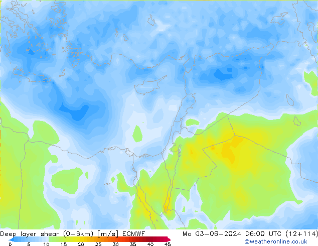 Deep layer shear (0-6km) ECMWF Seg 03.06.2024 06 UTC