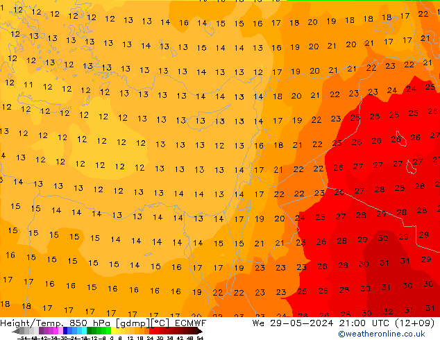 Height/Temp. 850 гПа ECMWF ср 29.05.2024 21 UTC