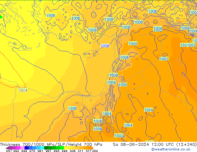 Espesor 700-1000 hPa ECMWF sáb 08.06.2024 12 UTC