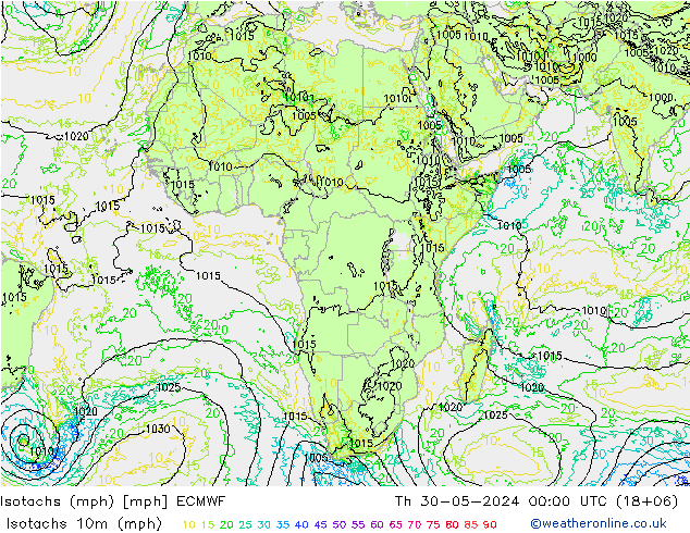 Isotachs (mph) ECMWF Th 30.05.2024 00 UTC
