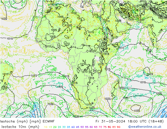 Isotachs (mph) ECMWF ven 31.05.2024 18 UTC