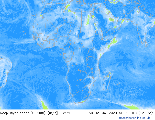 Deep layer shear (0-1km) ECMWF Вс 02.06.2024 00 UTC