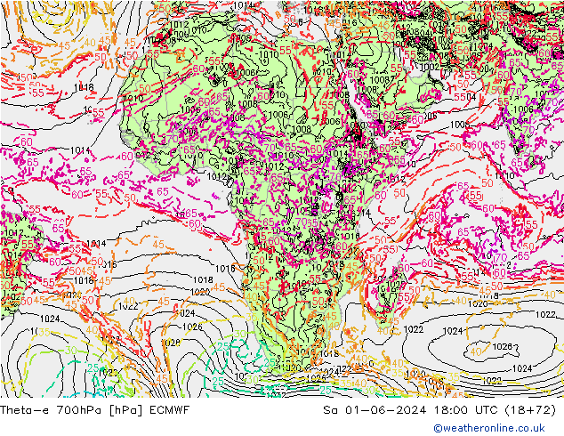 Theta-e 700hPa ECMWF sáb 01.06.2024 18 UTC