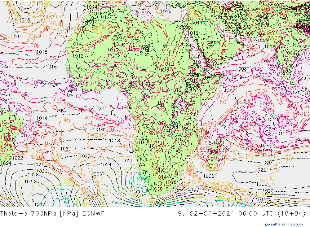 Theta-e 700hPa ECMWF Dom 02.06.2024 06 UTC