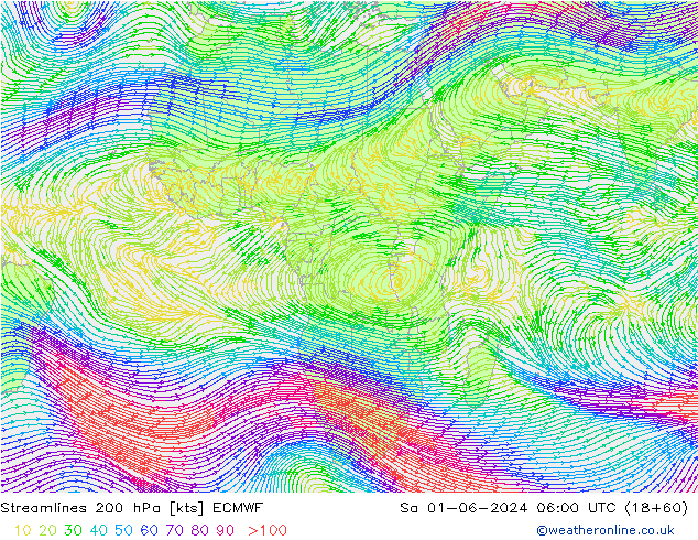 Streamlines 200 hPa ECMWF Sa 01.06.2024 06 UTC