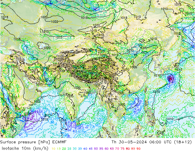 Isotachs (kph) ECMWF Th 30.05.2024 06 UTC