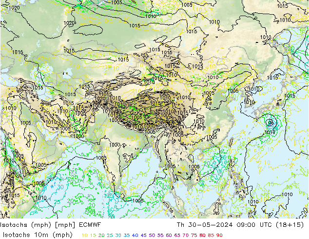 Isotachs (mph) ECMWF Čt 30.05.2024 09 UTC