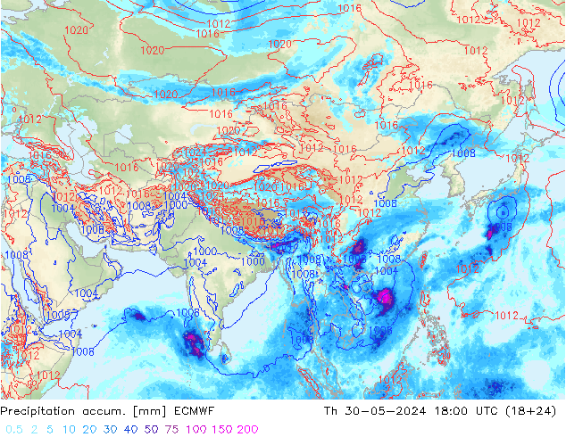 Precipitation accum. ECMWF czw. 30.05.2024 18 UTC