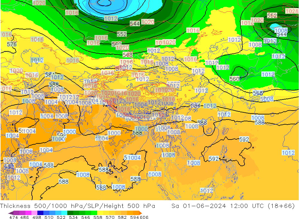 Espesor 500-1000 hPa ECMWF sáb 01.06.2024 12 UTC