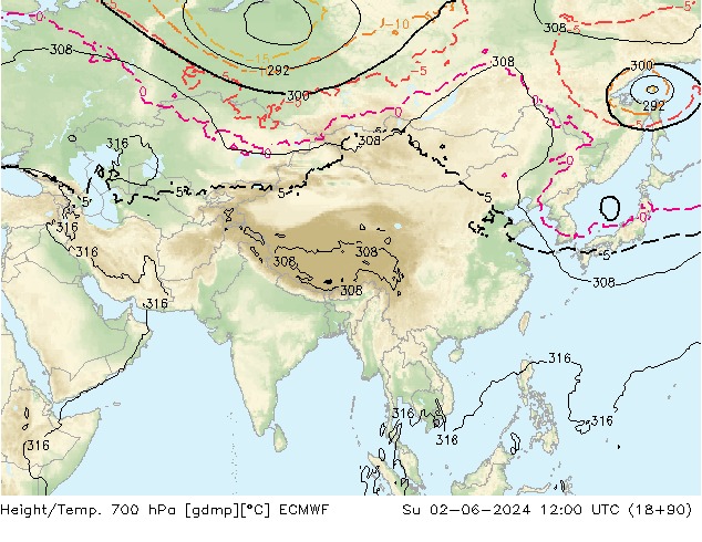 Height/Temp. 700 hPa ECMWF  02.06.2024 12 UTC