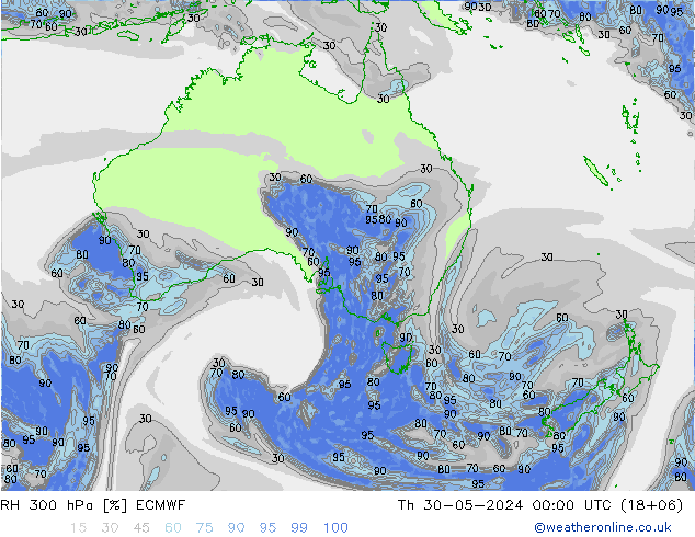 RH 300 hPa ECMWF gio 30.05.2024 00 UTC