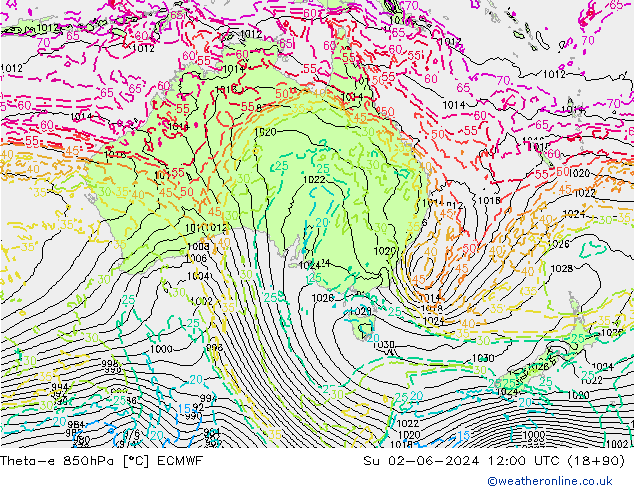 Theta-e 850hPa ECMWF Su 02.06.2024 12 UTC