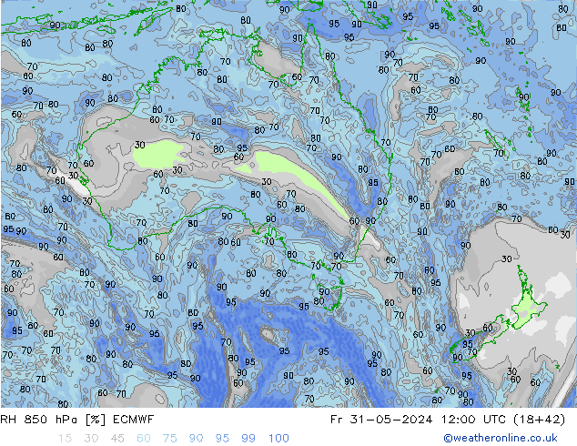 Humidité rel. 850 hPa ECMWF ven 31.05.2024 12 UTC