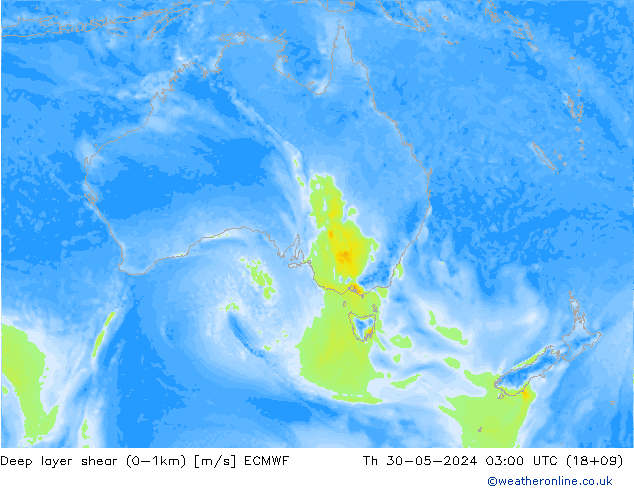 Deep layer shear (0-1km) ECMWF Qui 30.05.2024 03 UTC