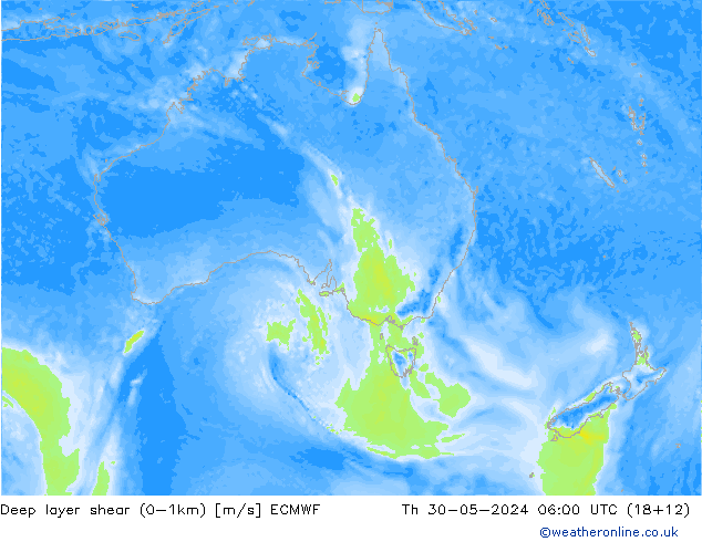 Deep layer shear (0-1km) ECMWF Th 30.05.2024 06 UTC