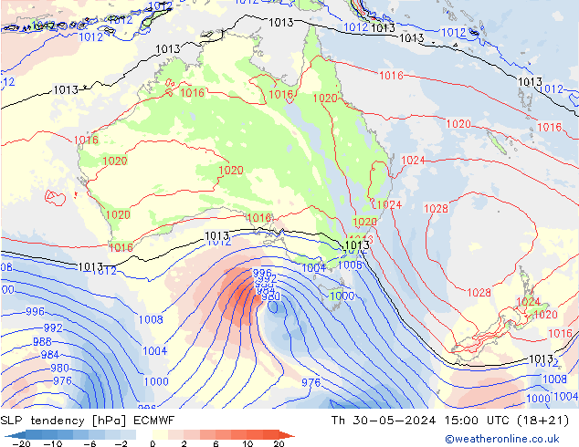 SLP tendency ECMWF Qui 30.05.2024 15 UTC