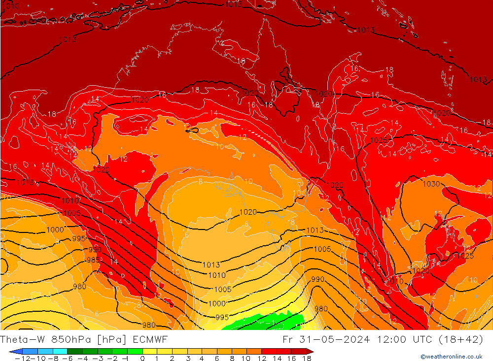 Theta-W 850hPa ECMWF Pá 31.05.2024 12 UTC