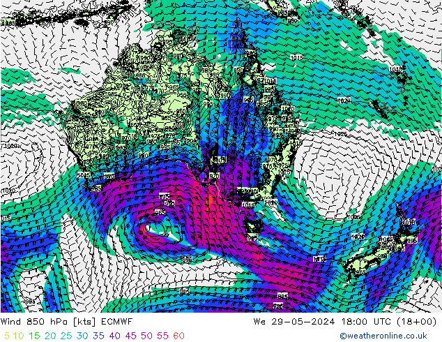 Vento 850 hPa ECMWF Qua 29.05.2024 18 UTC