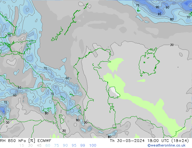 Humedad rel. 850hPa ECMWF jue 30.05.2024 18 UTC