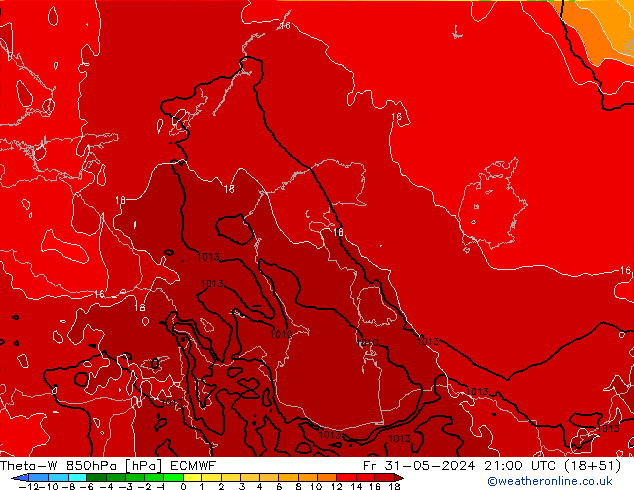 Theta-W 850гПа ECMWF пт 31.05.2024 21 UTC