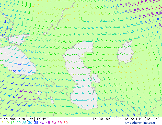 Viento 500 hPa ECMWF jue 30.05.2024 18 UTC