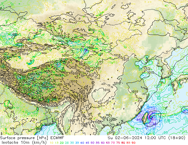 Isotachs (kph) ECMWF Dom 02.06.2024 12 UTC