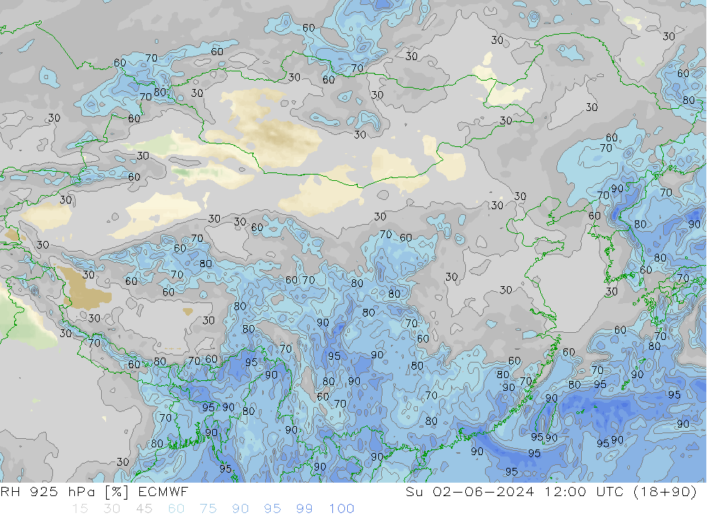 RH 925 hPa ECMWF 星期日 02.06.2024 12 UTC