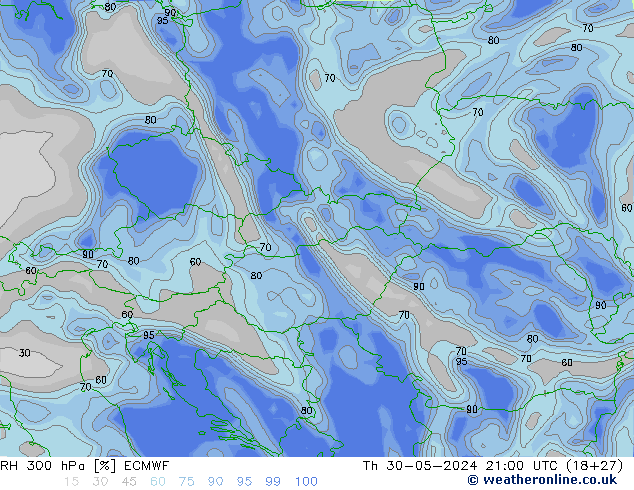 Humidité rel. 300 hPa ECMWF jeu 30.05.2024 21 UTC