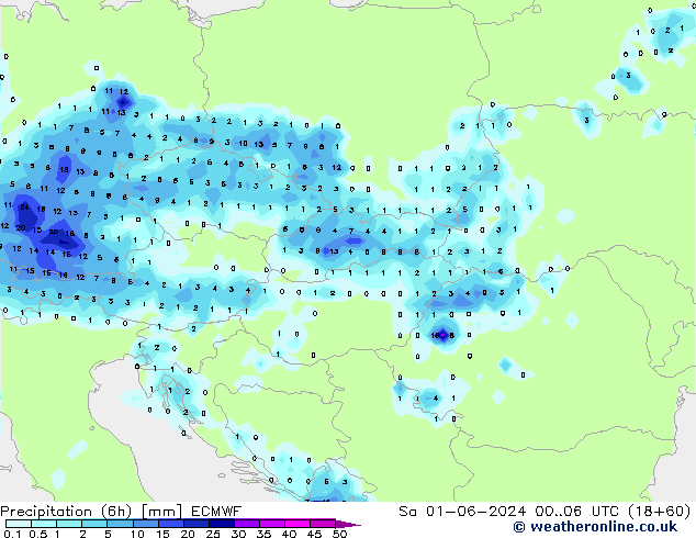 Totale neerslag (6h) ECMWF za 01.06.2024 06 UTC