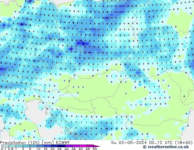 Precipitation (12h) ECMWF Su 02.06.2024 12 UTC