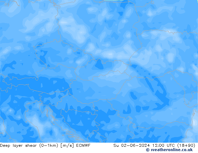 Deep layer shear (0-1km) ECMWF zo 02.06.2024 12 UTC